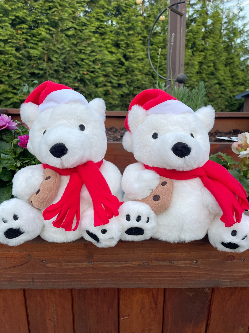 Aerie White Plush Polar Bear Slippers With Red Scarves And Santa Hats
